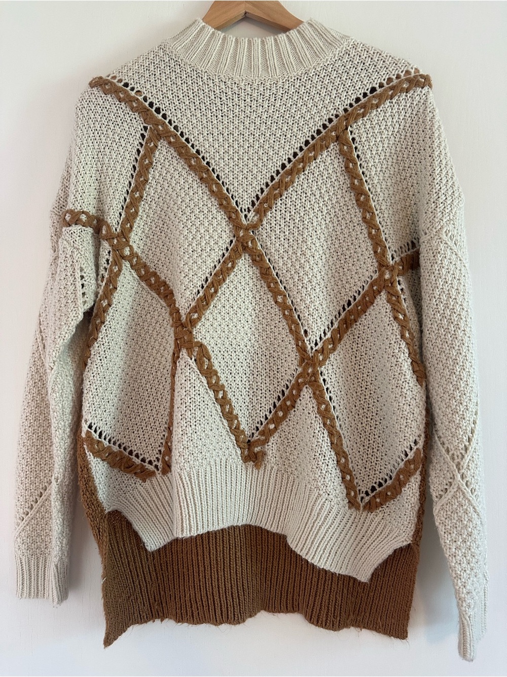 BKE Cream Brown Whipstitch Mock Neck Sweater Women’s Small